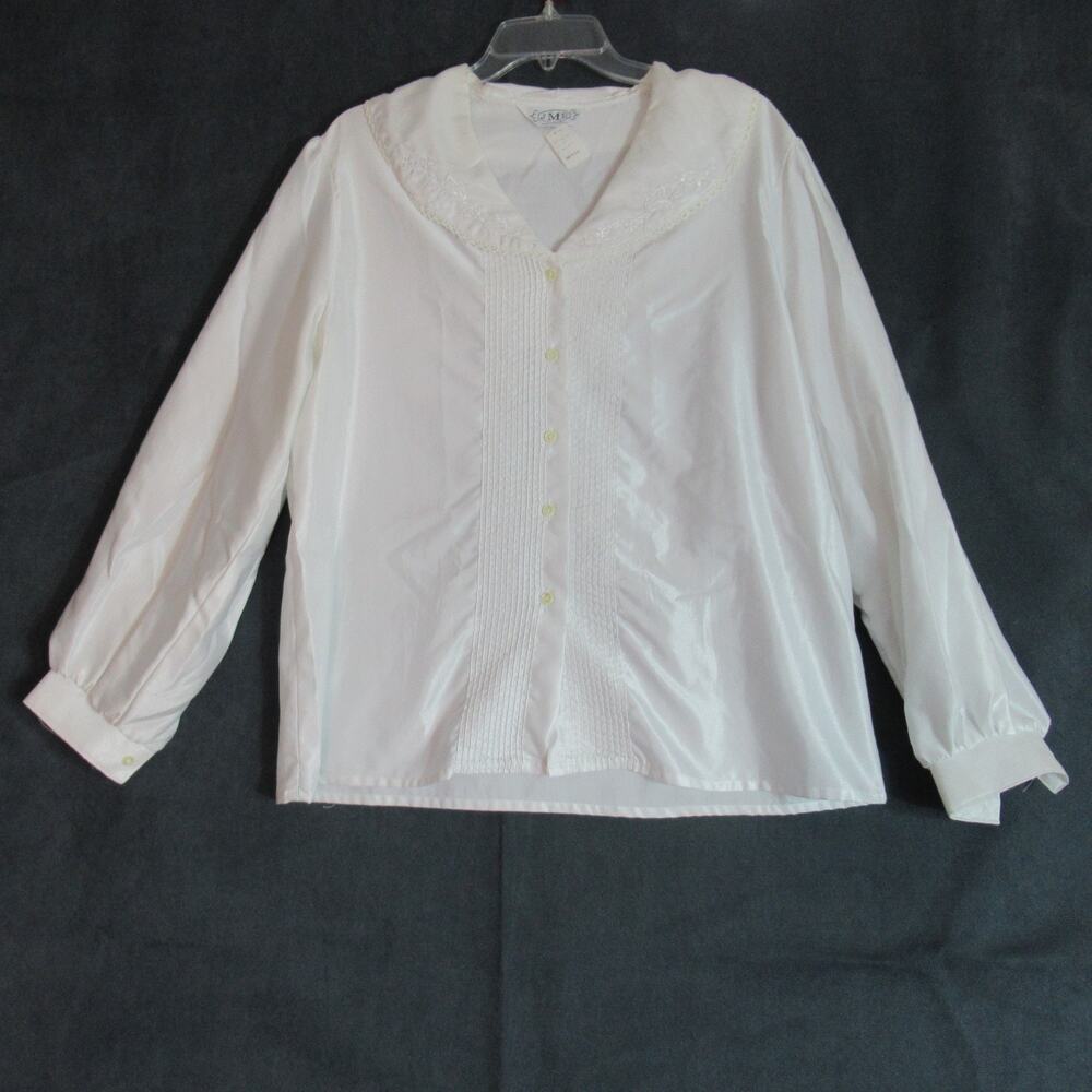 Vintage JME Top Womens Large White Pleated Button Up Shirt Peasant Prairie USA